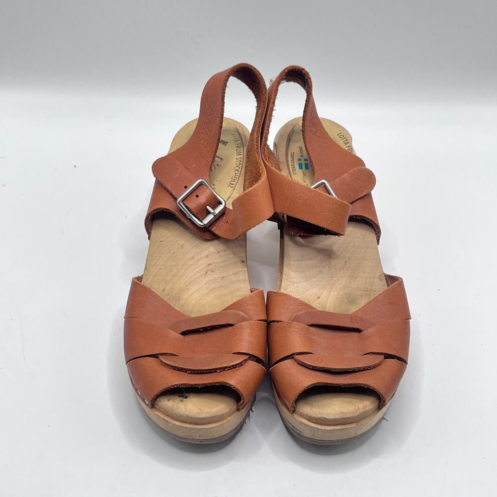 Lotta from Stockholm Tan Leather Peep Toe High Wood Clogs Size 36 Sweden
